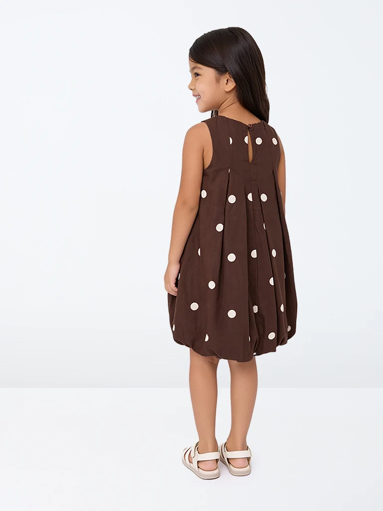 Kids Girls Dark Brown Polka Dot Printed Cotton Bubble Dress